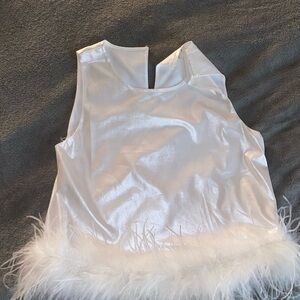 White Sleeveless Top with Feather Trim